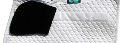 White quilted saddle pad with a black leather patch on a white background