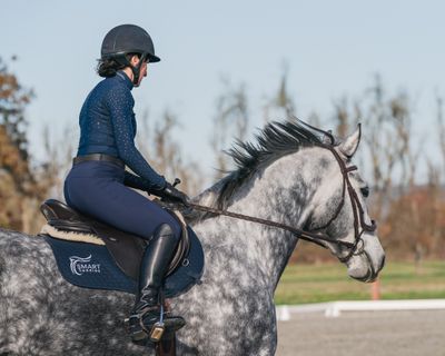Person riding a gray horse in an outdoor setting
